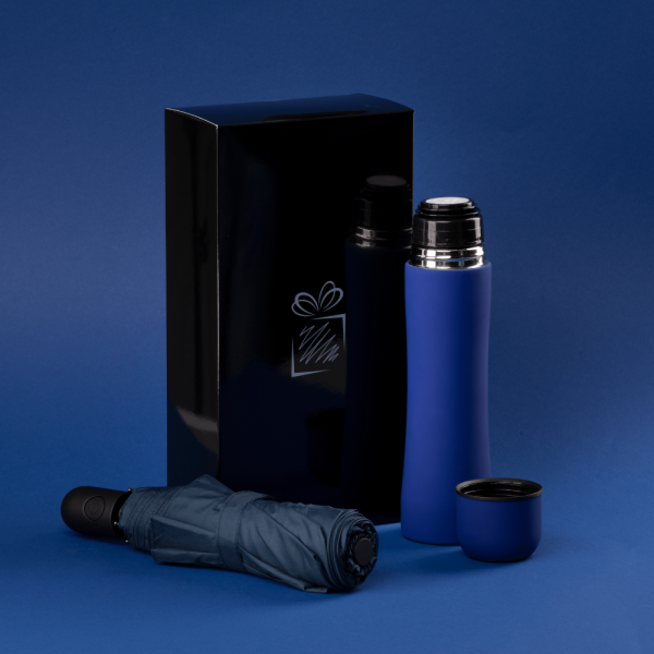 Car set: thermos & full automatic umbrella  & black box Navy blue