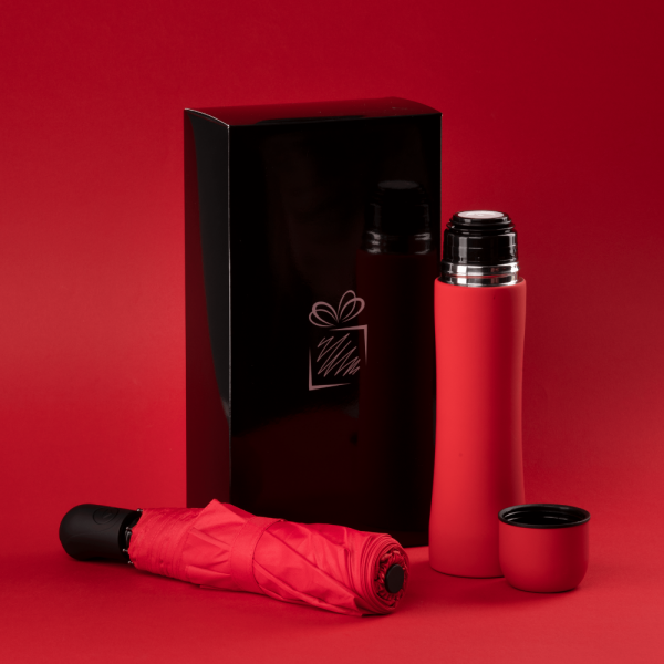 Car set: thermos & full automatic umbrella  & black box Red